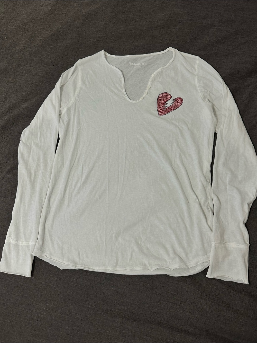 Zadig & Voltaire White Long-Sleeve Tee with Red Broken-Heart Patch